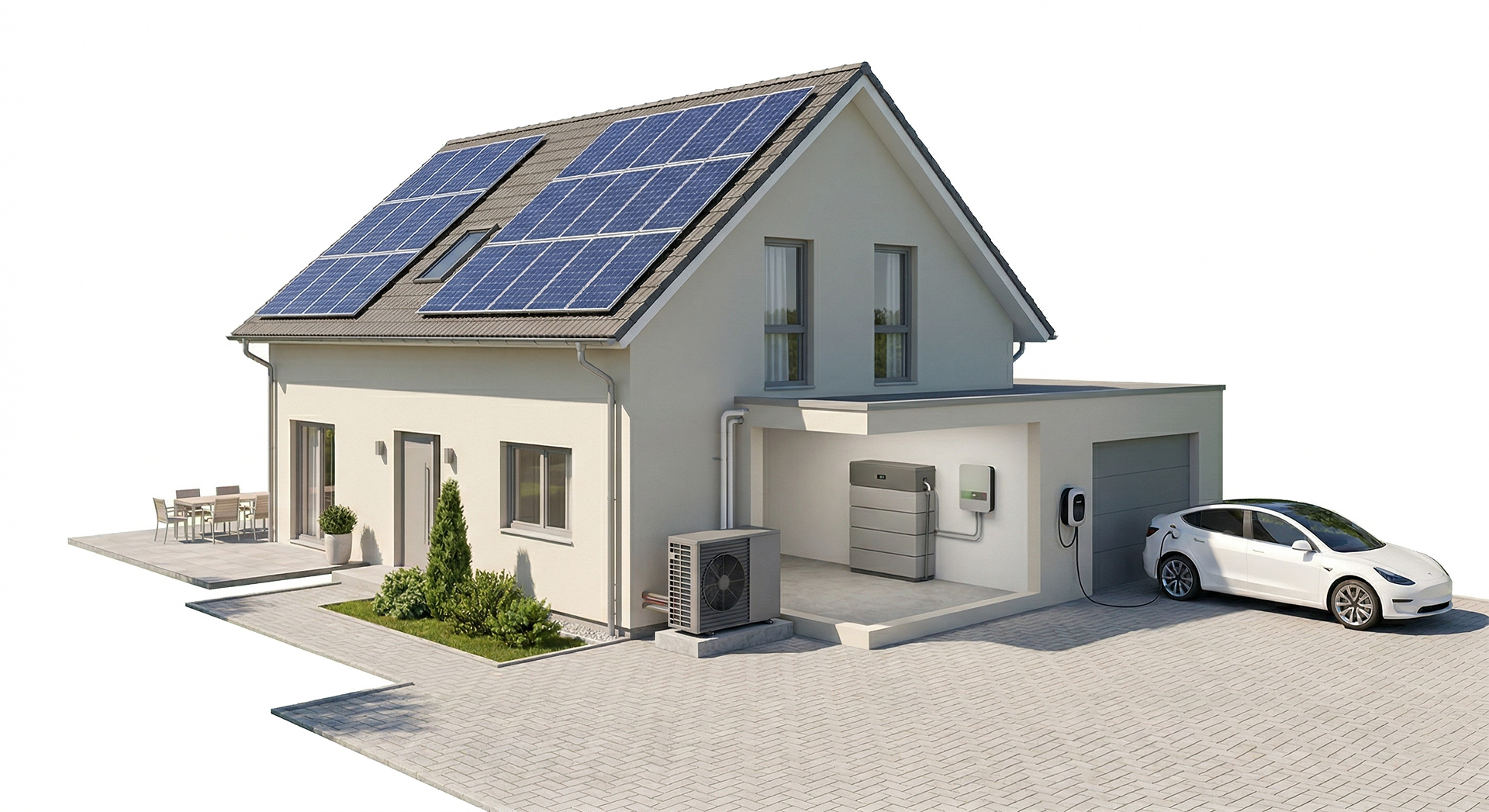 3D Grafik eines Hauses mit Photovoltaikanlage, Wärmepumpe, Wallbox und Batteriespeicher