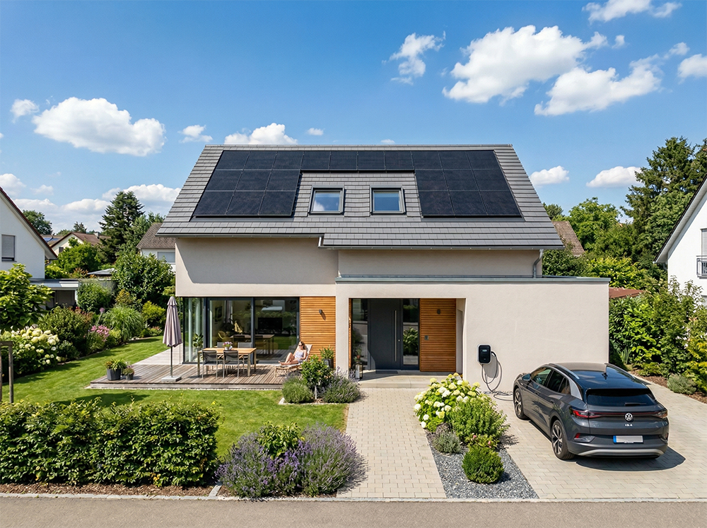 Indach Photovoltaik auf einem modernen Einfamilienhaus